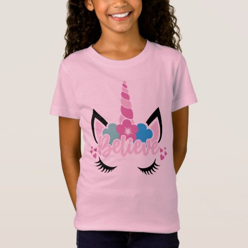 Cute Pink Believe in Unicorns Magical Floral T_Shirt