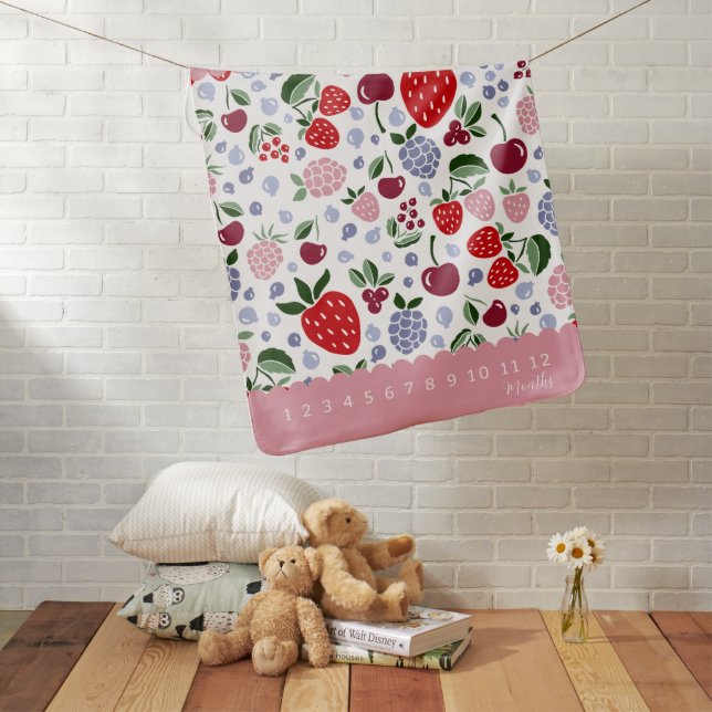 Cute Pink Berry Pattern Baby Girl Milestone Baby Blanket (In Situ)