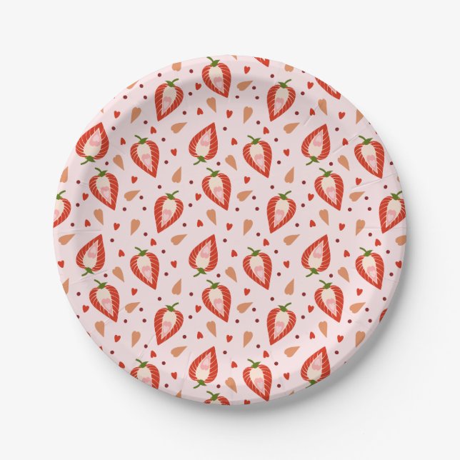 Cute Pink Berry Sweet Strawberry Pattern Birthday Paper Plates (Front)