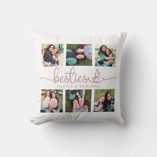Cute Pink Besties Finger Heart Photo Collage Throw Pillow (Front)