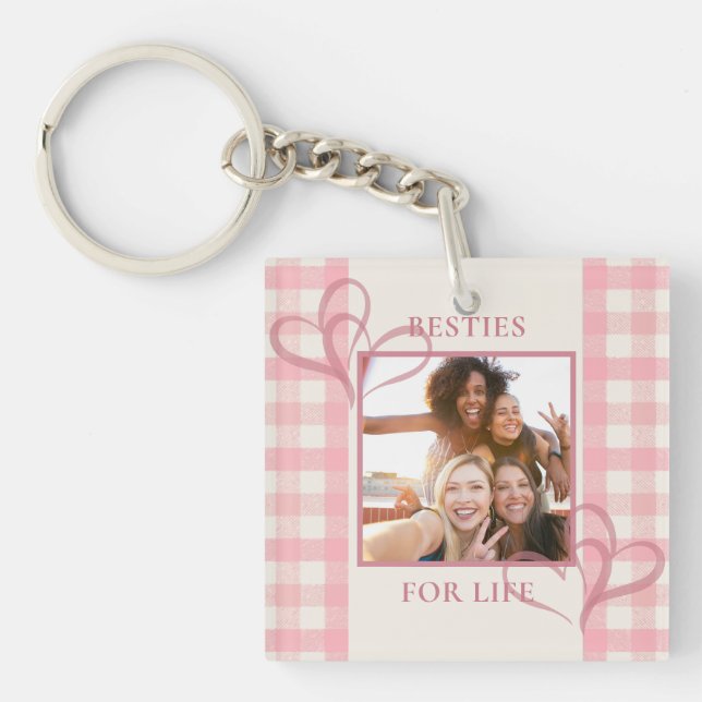 Cute Pink Besties For Life Photo Galentine's Day Keychain (Front)