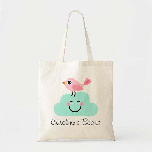 Cute pink bird and cloud personalized library tote bag (Front)