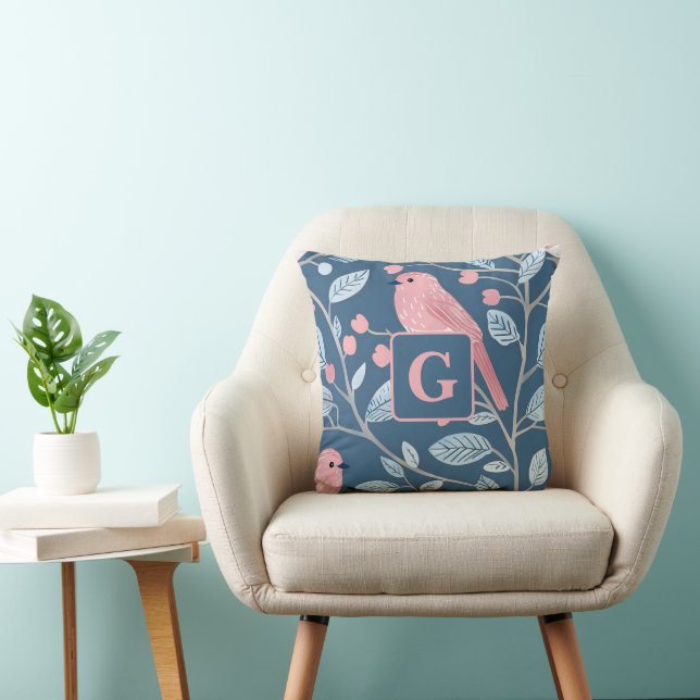 Cute pink bird blue gray personalized monogram  throw pillow (Chair)