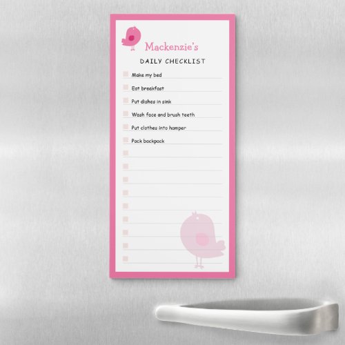 Cute Pink Bird Daily Chore Checklist Magnetic Notepad