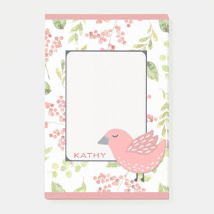 Cute Pink Bird Floral Post-it Notes