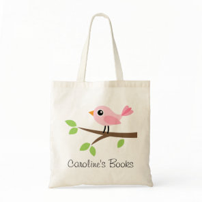 Cute pink bird girls personalized library book tote bag