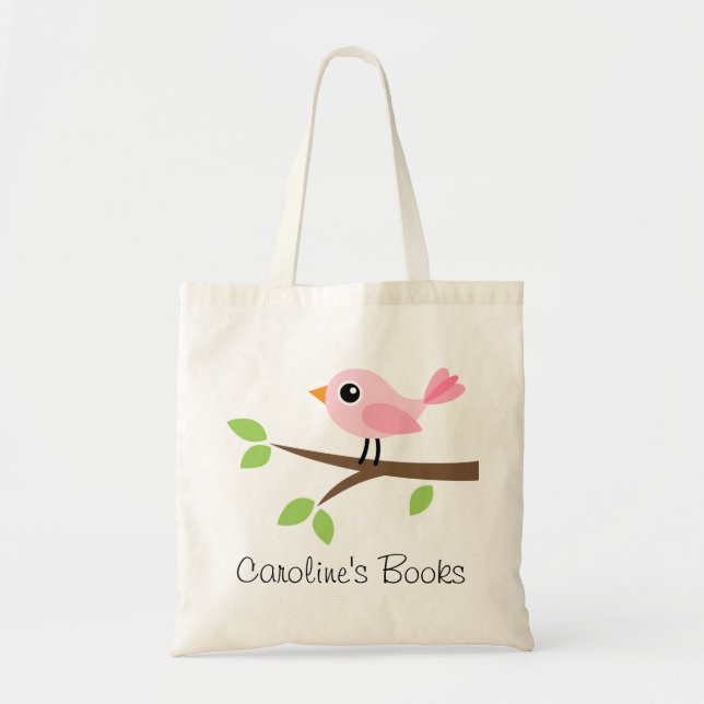 Cute pink bird girls personalized library book tote bag (Front)
