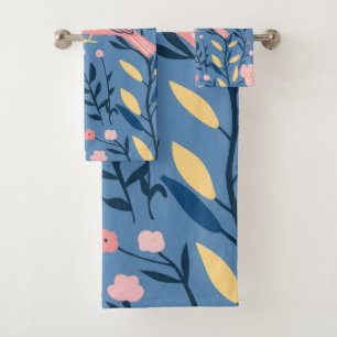 Cute pink bird on blue gray Throw Pillow Bath Towel Set