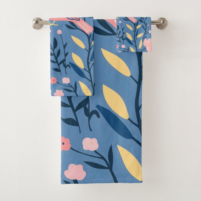 Cute pink bird on blue gray Throw Pillow Bath Towel Set (Insitu)