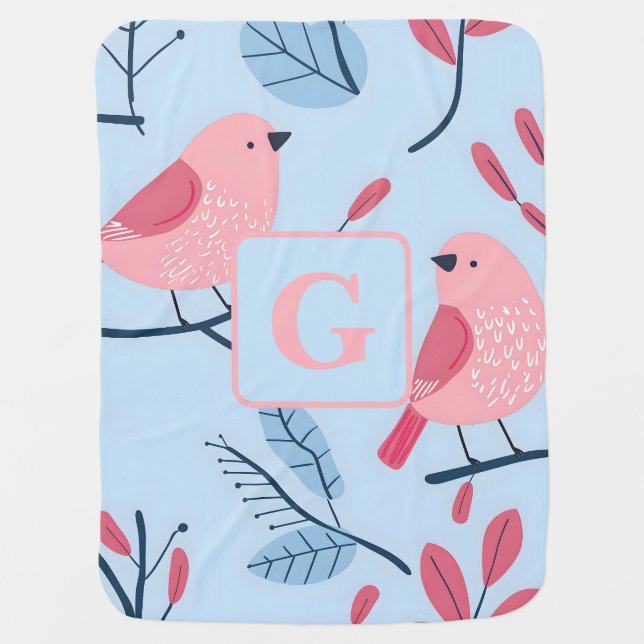 Cute pink bird on light blue personalized monogram baby blanket (Front)
