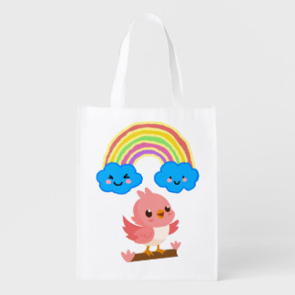 Cute Pink Bird & Rainbow Baby Jersey Bodysuit Grocery Bag