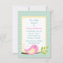 Cute Pink Bird Spring Chevron Baby Shower Invitation