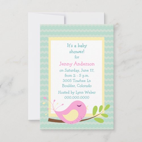 Cute Pink Bird Spring Chevron Baby Shower Invitation