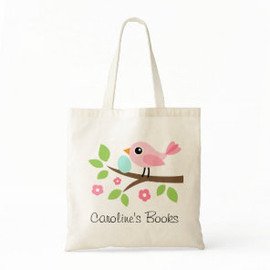 Cute pink bird with egg personalized library book tote bag
