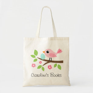 Cute pink bird with egg personalized library book tote bag