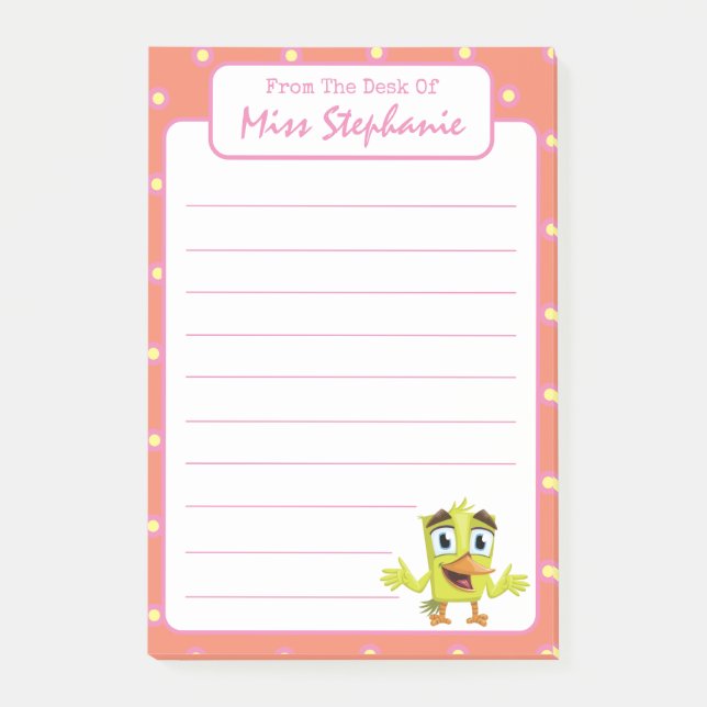 Cute Pink Bird With Polka Dots Teacher Name Post-it Notes (Front)