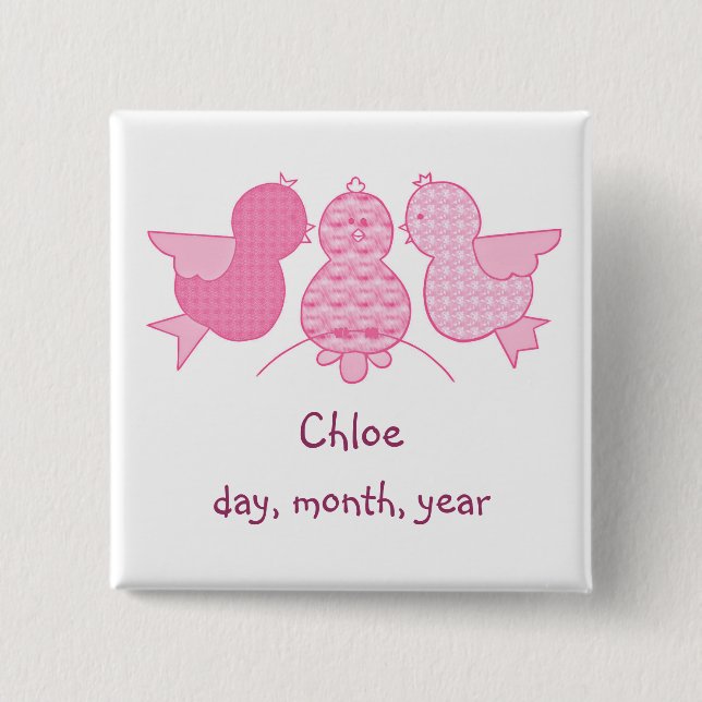 Cute Pink Birds Baby Girl Birth Announcement Pinback Button (Front)