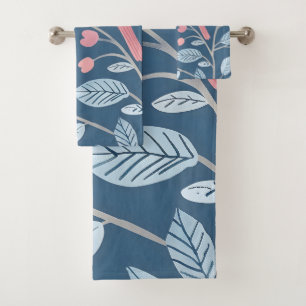Cute pink birds on blue gray bath towel set