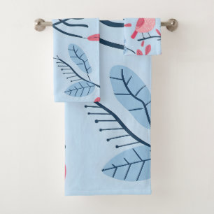 Cute pink birds on light blue bath towel set