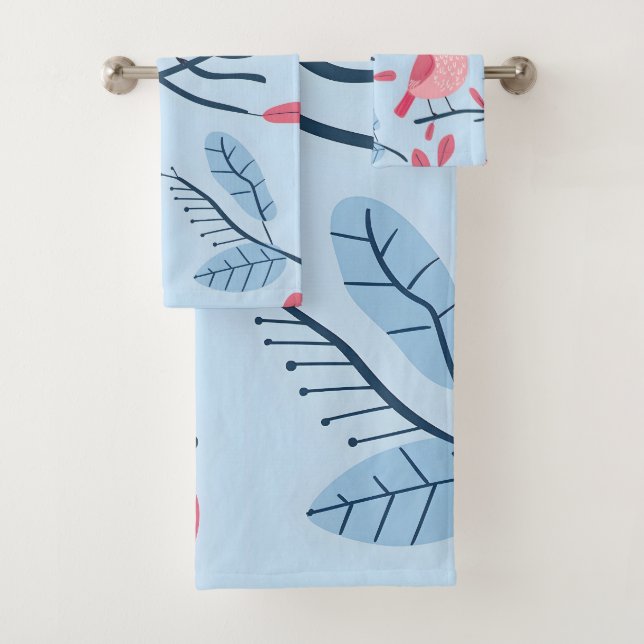 Cute pink birds on light blue bath towel set (Insitu)