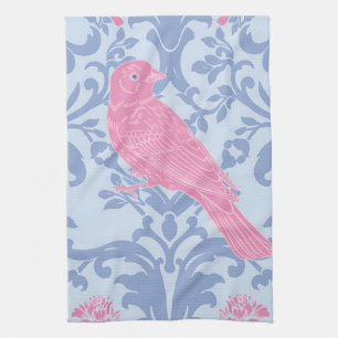 Cute pink birds on light blue kitchen towel