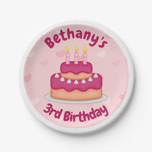 Cute Pink Birthday Cake 3 Candles for 3rd Birthday Paper Plates (Front)