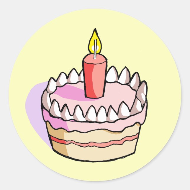 Cute Pink Birthday Cake Drawing Round Stickers (Front)