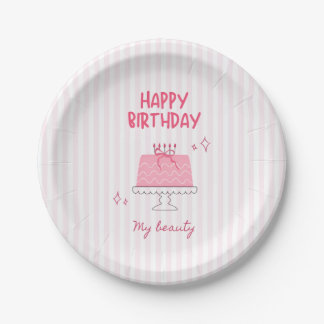 Cute Pink Birthday Cake "Happy Birthday My Beauty" Paper Plates
