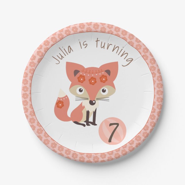 Cute Pink Birthday Fox Paper Plates (Front)