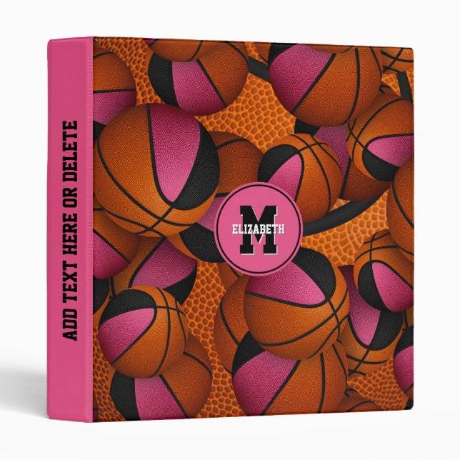 cute pink black basketballs girly back to school 3 ring binder (Front/Spine)