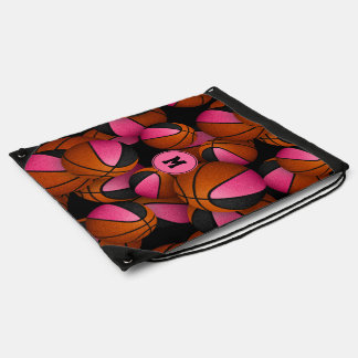 cute pink black basketballs pattern monogrammed drawstring bag