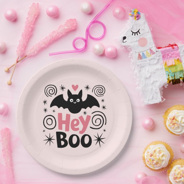 Cute Pink & Black Boo Bat Halloween Party Paper Plates (Party)