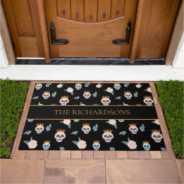 Cute Pink Black Botanical Skull Pattern Halloween Doormat