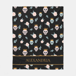 Cute Pink Black Botanical Skull Pattern Halloween Fleece Blanket