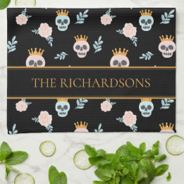 Cute Pink Black Botanical Skull Pattern Halloween Kitchen Towel