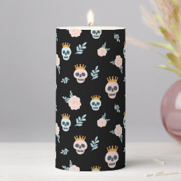 Cute Pink Black Botanical Skull Pattern Halloween Pillar Candle