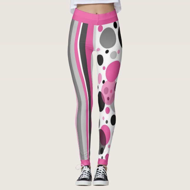 Cute Pink Black & Gray Abstract Polka Dot Leggings (Front)