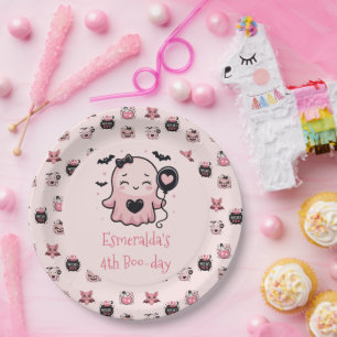 Cute Pink & Black Halloween Ghost Birthday Party Paper Plates