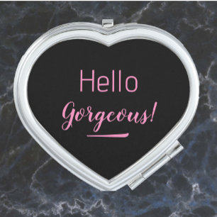 Cute Pink & Black Hello Gorgeous Quote Slogan Compact Mirror