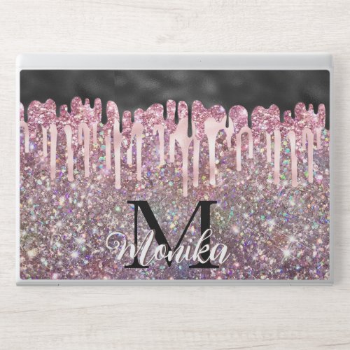 Cute Pink Black Iridescent Drips Glitter Monogram HP Laptop Skin