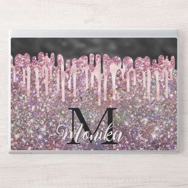 Cute Pink Black Iridescent Drips Glitter Monogram HP Laptop Skin (Front)