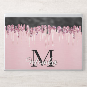 Cute Pink Black Iridescent Drips Glitter Monogram HP Laptop Skin
