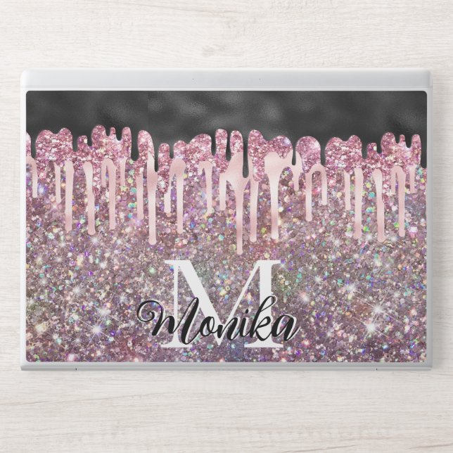 Cute Pink Black Iridescent Drips Glitter Monogram HP Laptop Skin (Front)