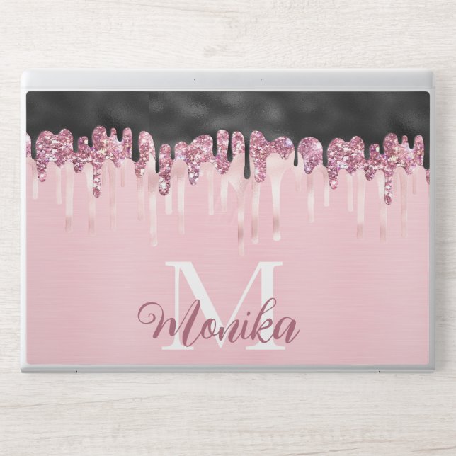 Cute Pink Black Iridescent Drips Glitter Monogram HP Laptop Skin (Front)