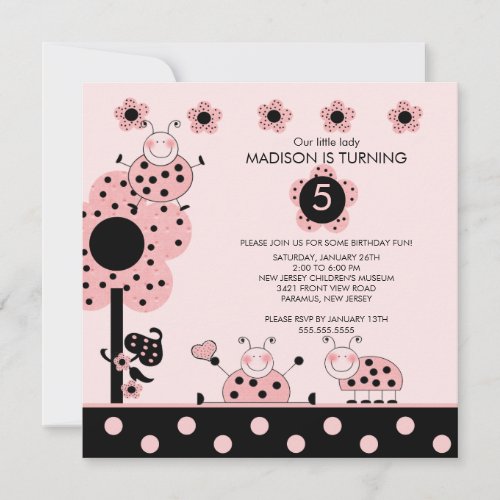 Cute Pink  Black Ladybugs Birthday Invitation