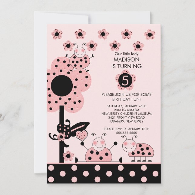 Cute Pink & Black Ladybugs Birthday Invitation (Front)
