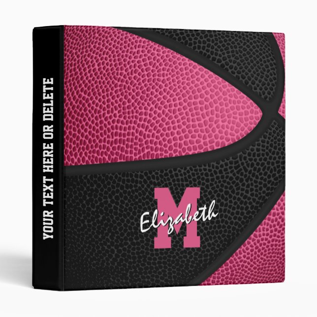 cute pink black monogrammed basketball themed 3 ri 3 ring binder (Front/Spine)