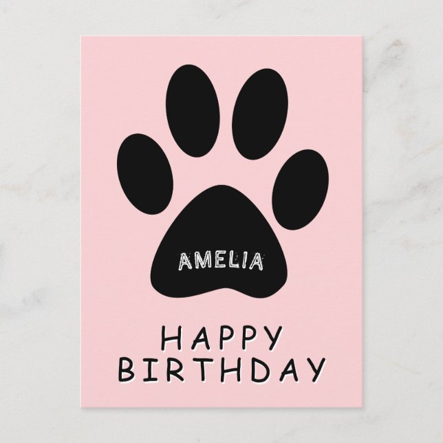 Cute Pink Black Paw Print Happy birthday Postcard (Front)