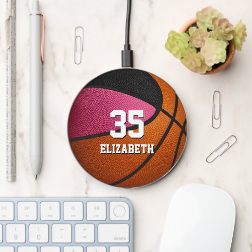 cute pink black personalized girly basketball wireless charger 