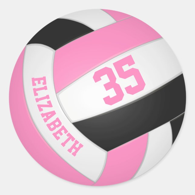 cute pink black personalized volleyball classic round sticker (Front)